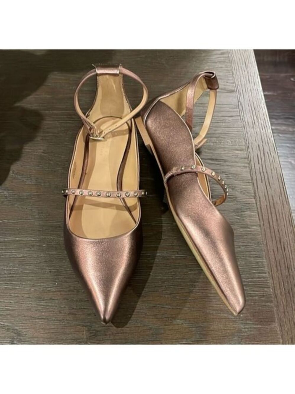 HALSTON Heritage metallic leather ankle strap flats, 6